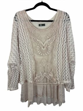 Made in Italy Boho Lace Embroidered Layered Tunic Top Blush Pink One Size